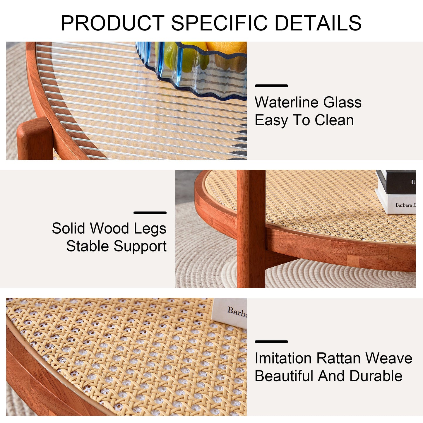 Modern Minimalist Circular Double-Layer Solid Wood Coffee Table With Glass Top, PE Rattan Layer, Walnut Finish