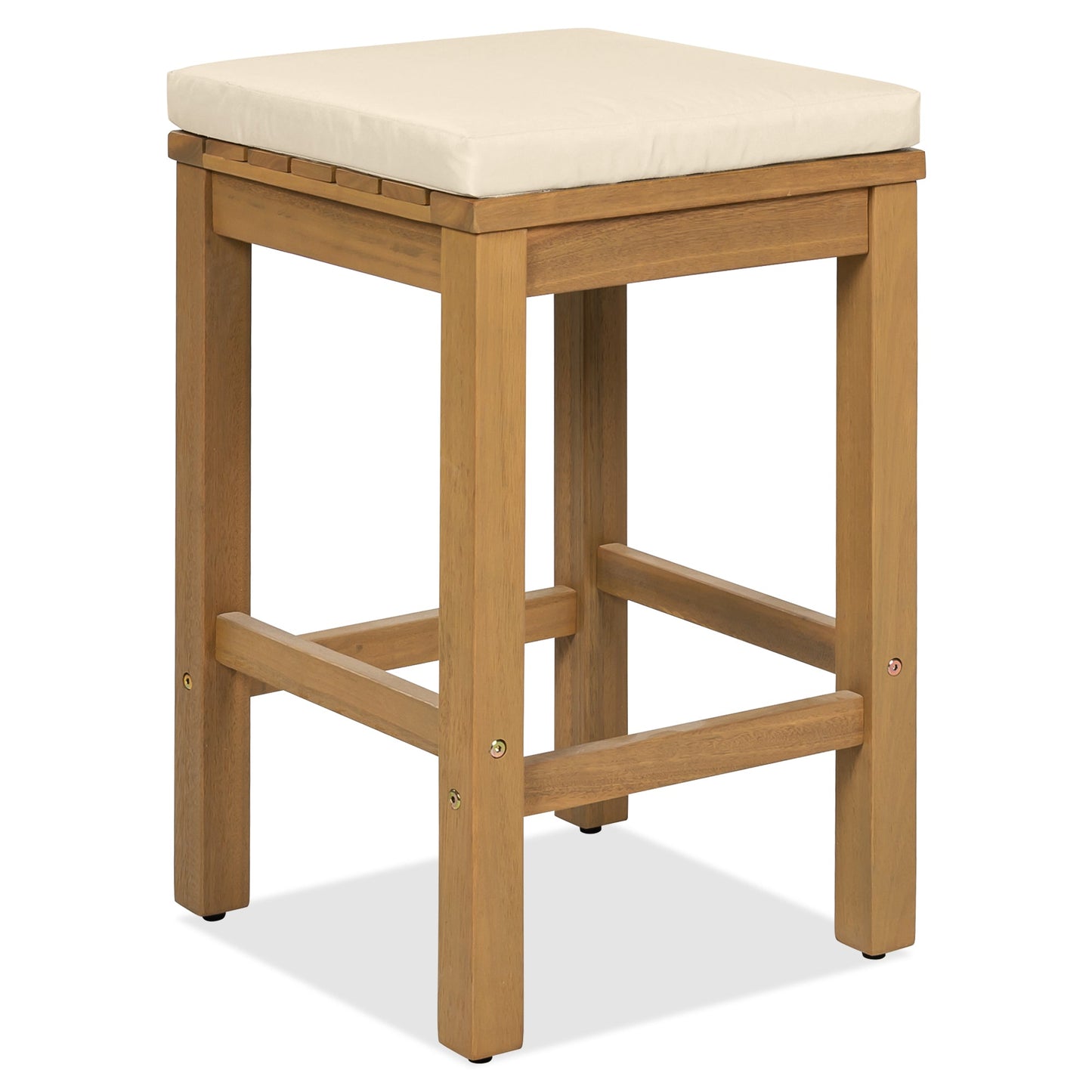 5 Piece Outdoor Bar Set, Patio Acacia Wood Bar Height Table & Four Stools With Cushions, Wood Dining Bar Set for Backyar