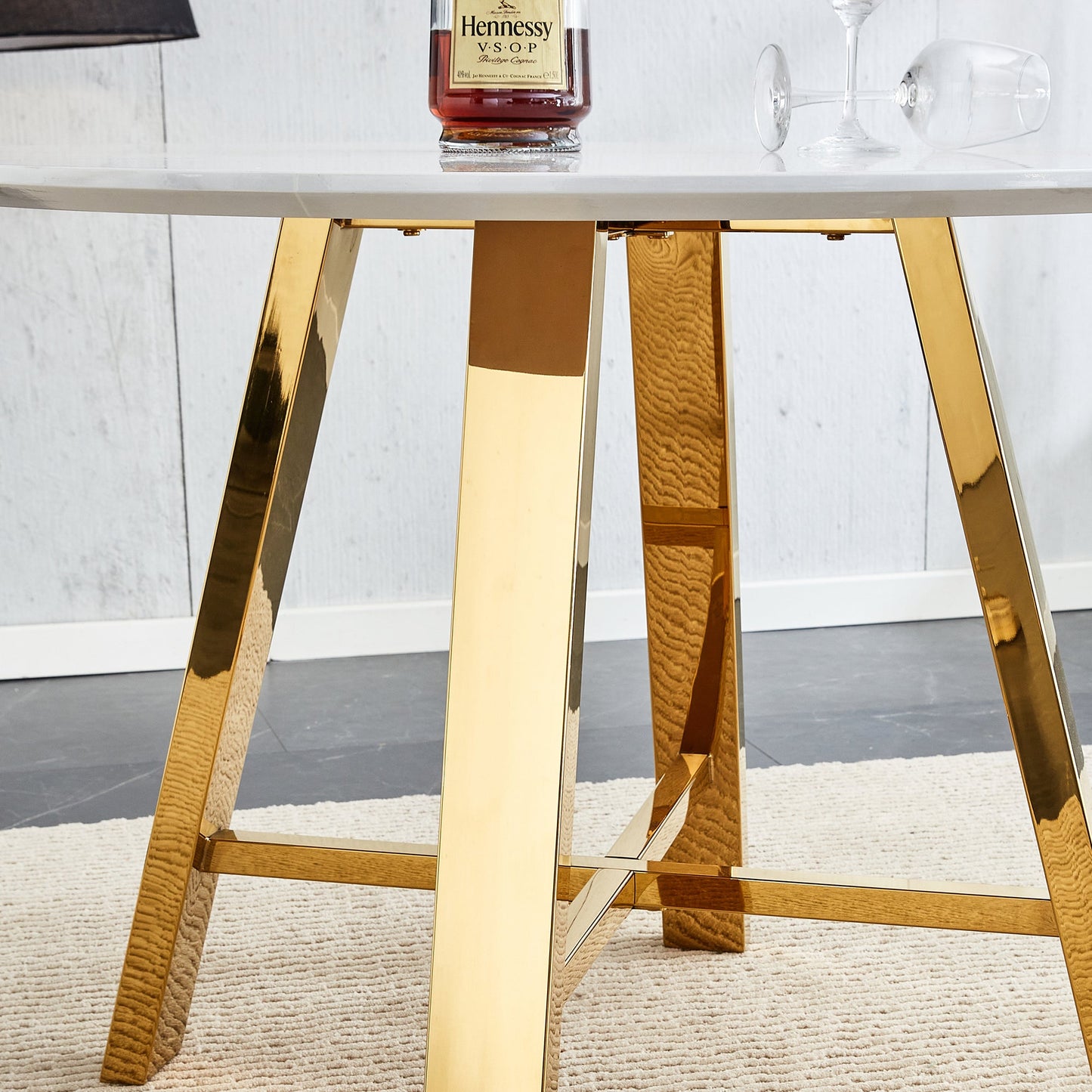 Modern Minimalist White Patterned Circular Dining Table and Coffee Table. MDF Desktop, Diameter 42 Inches, Stainless Ste