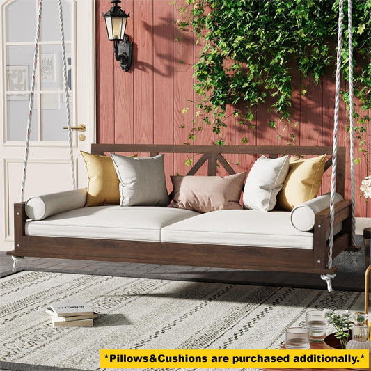 Acacia Wood Twin Size Patio Swing Bed Modern Porch Swing Hanging Bed Frame With 16.4ft Hemp Ropes for Garden,Backyard,Br