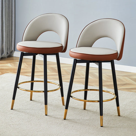 Modern Brown and Light Gray Spliced PU Upholstered Rotatable Bar Chair With Black Metal Legs for Dining Room and Kitchen