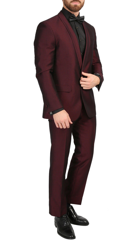 Ferrecci Men's Daxson Burgundy Slim Fit Shawl Collar 3pc Tuxedo