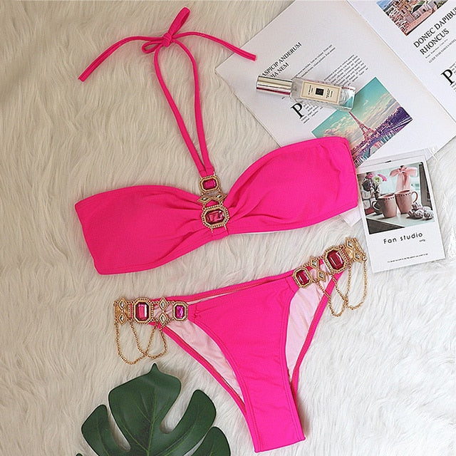 2021 Shiny Rhinestone Bikini Crystal Diamond Swimsuit Women Metal Chains Swimwear Female Bikini Set Bandage Halter Bathi