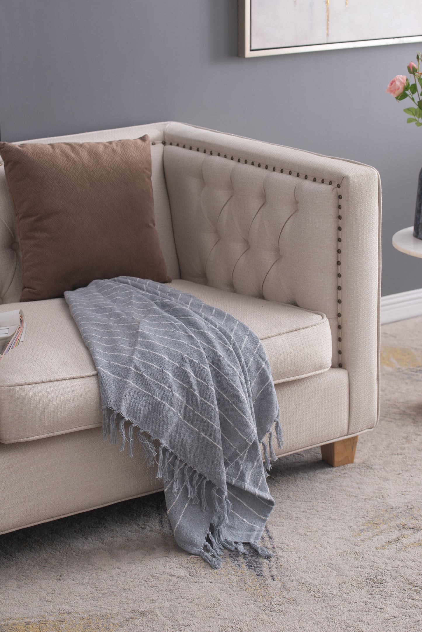 50x60' Gray Striped Decorative Throw Blanket With Tassels and Horizontal Stripes, 2 Pack