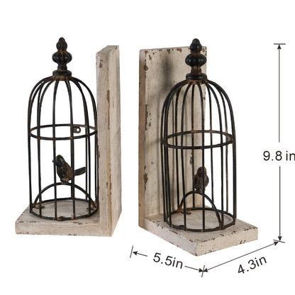 S/2 5.5x4.5x10'  Distressed Black Bird Cage Bookend, Antique White