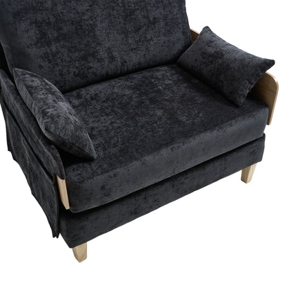 Mid-Century Modern Foldable Sofa Bed Recliner, 3-In-1 Convertible Sleeper With Three Pillows, Black Chenille for Small S