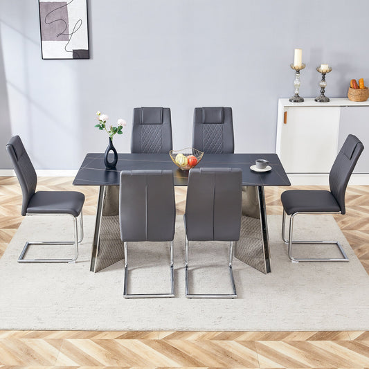 Table and Chair Set.63'x31.5x30' Black Marble-Patterned Slabs Tabletop With Stainless Steel Butterfly Legs.Paried With 6