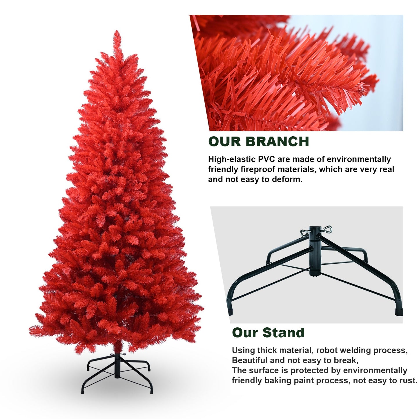 5FT Red Christmas Tree – Pure Red PVC Tree With 624 Tips, Hinged Branches for Easy Setup, Stable Metal Stand, Bold Holid