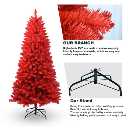 5FT Red Christmas Tree – Pure Red PVC Tree With 624 Tips, Hinged Branches for Easy Setup, Stable Metal Stand, Bold Holid