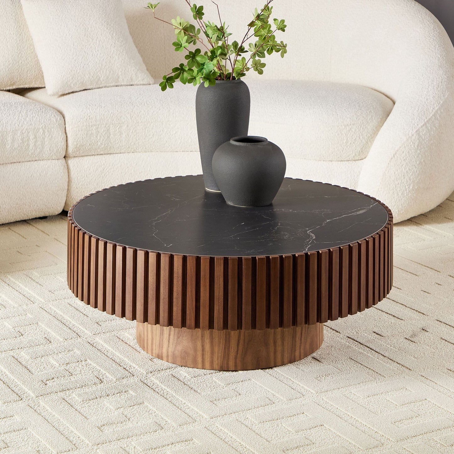 35.43'' Nesting Round Sintered Stone Tabletop Modern Drum Coffee Table Luxury Circle Coffee Table for Apartment Walnut