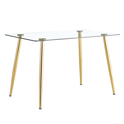 Modern Minimalist Rectangular Glass  Dining Table for 4-6 With 0.31' Tempered Glass Tabletop and Golden Plating Metal Le