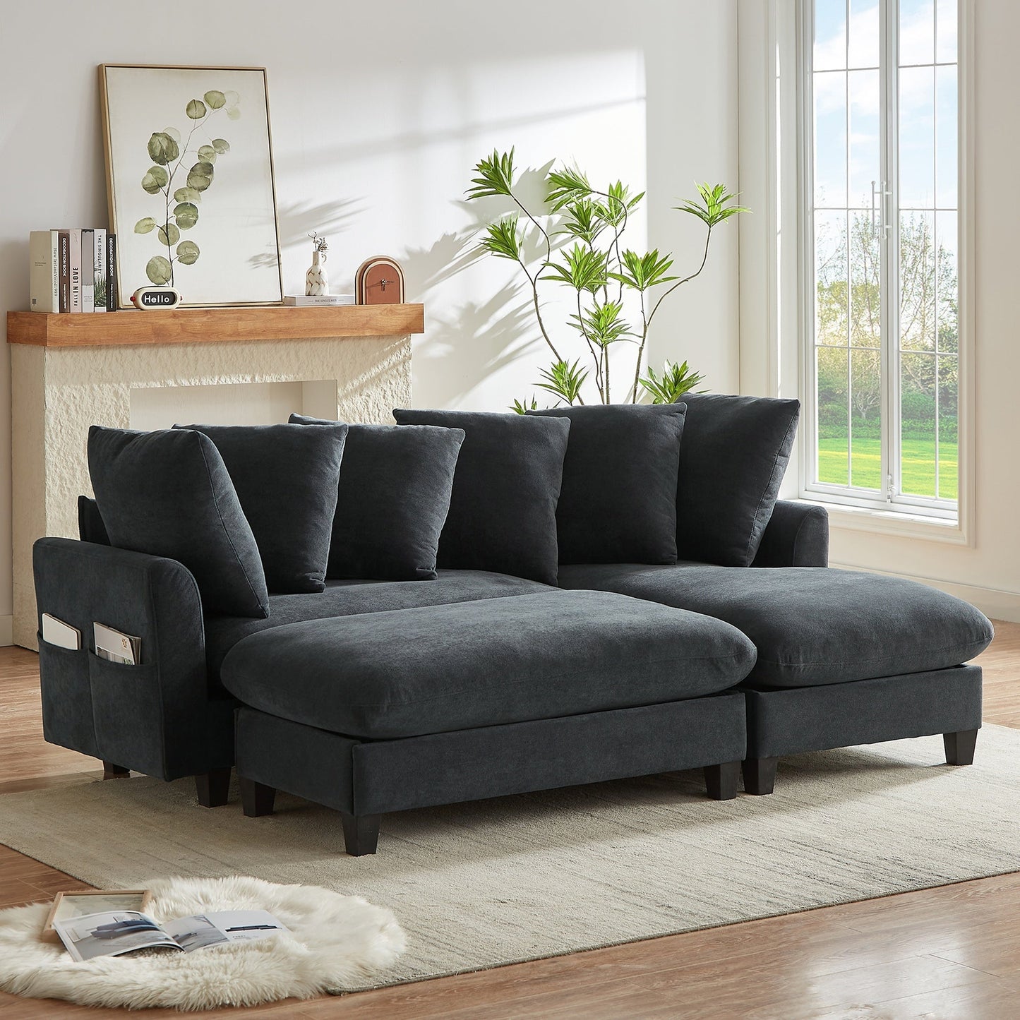 Black Upholstered 83' L-Shaped Sectional Sofa With Storage, Movable Ottoman, and Six Throw Pillows