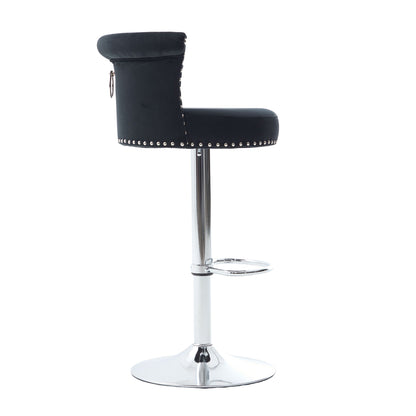 Velvet Bar Stool Set of 2, Adjustable Swivel Bar Stools With Silver Plated Metal Leg, Chrome Nailhead, Counter Height Ch
