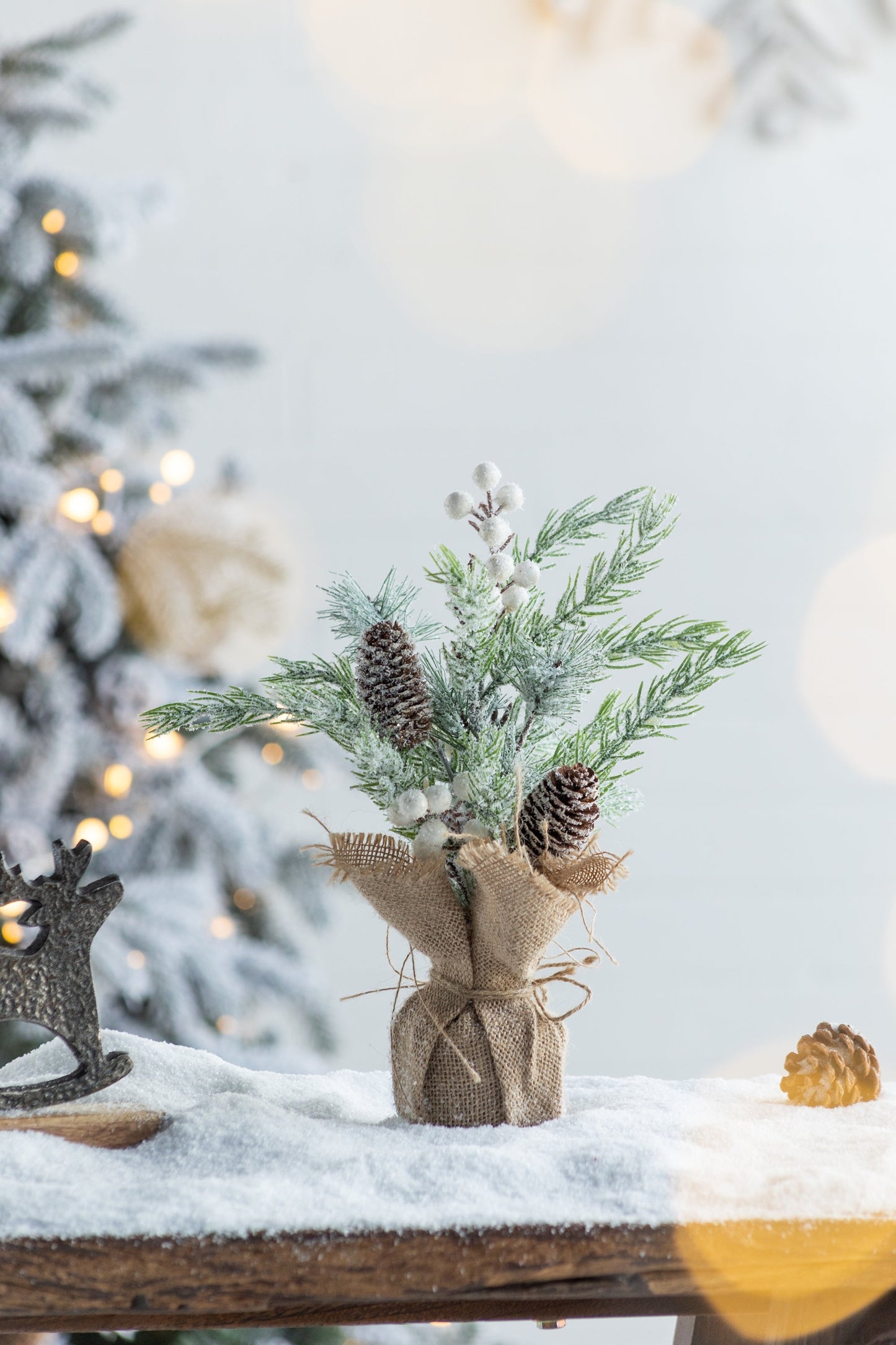 Set of 2, 15''H Frosted Artificial Trees With Pinecones and Faux Berry Accents, Festive Tabletop Decor, for Seasonal Cen