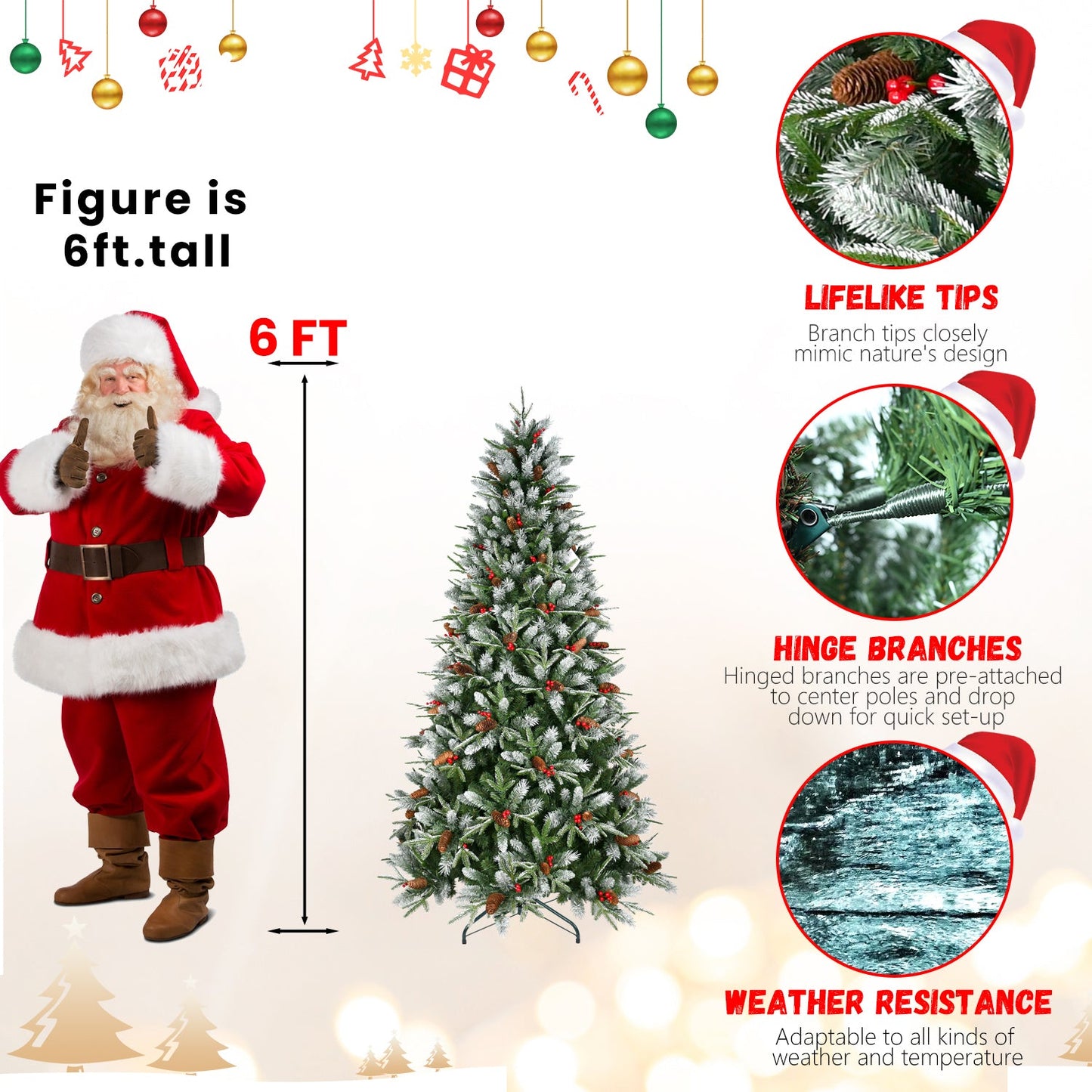 7FT Christmas Tree With 2178 Tips, Red Berries & Pine Cones – Snow-Dusted PE+PVC Branches, Hinged Design for Easy Setup,
