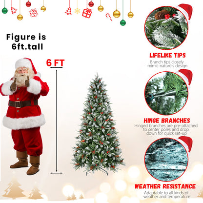7FT Christmas Tree With 2178 Tips, Red Berries & Pine Cones – Snow-Dusted PE+PVC Branches, Hinged Design for Easy Setup,