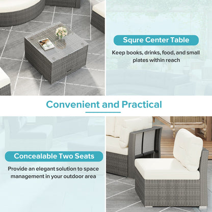 Patio Furniture Set Outdoor Daybed Rattan Sectional With Cushions and Center Table, Beige, Iron & Rattan, Multiple Sizes