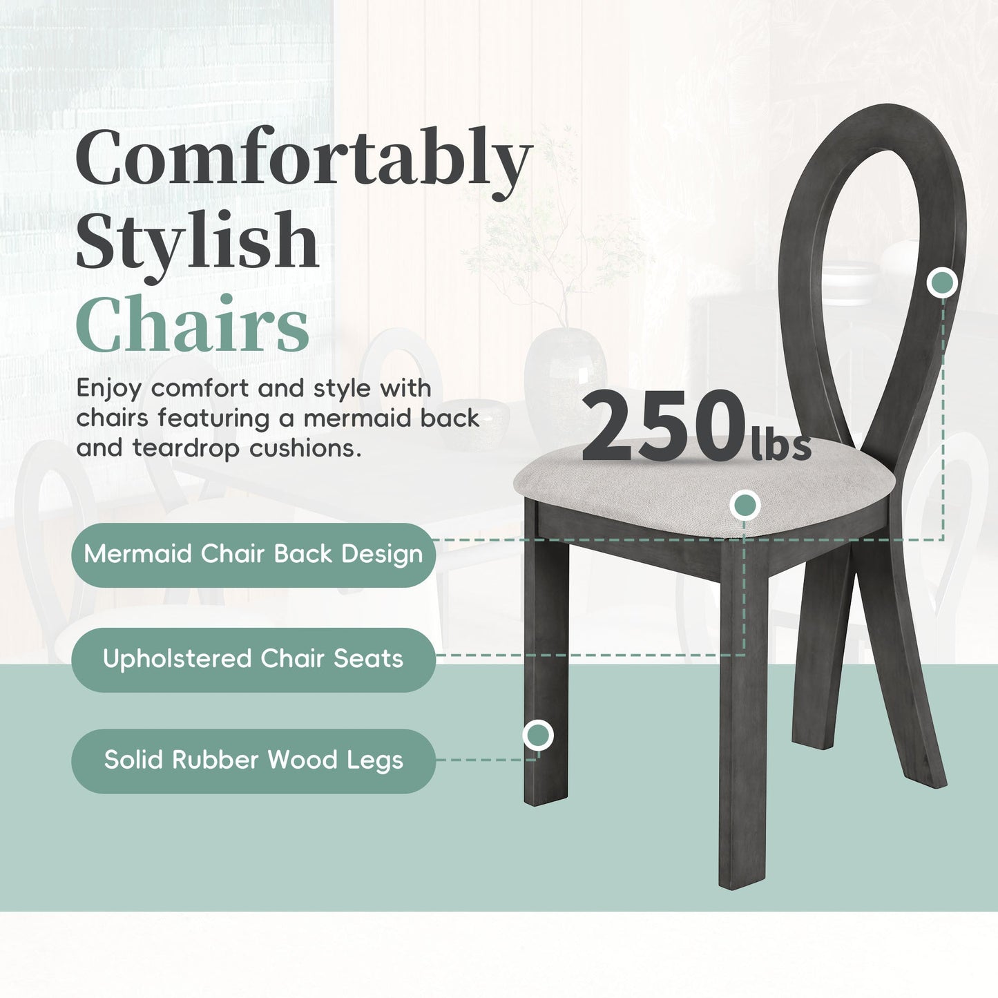 Modern 7-Piece Dining Table Set With Trestle Dining Table and 6 Upholstered Dining Chairs, Compact Kitchen Table Set For