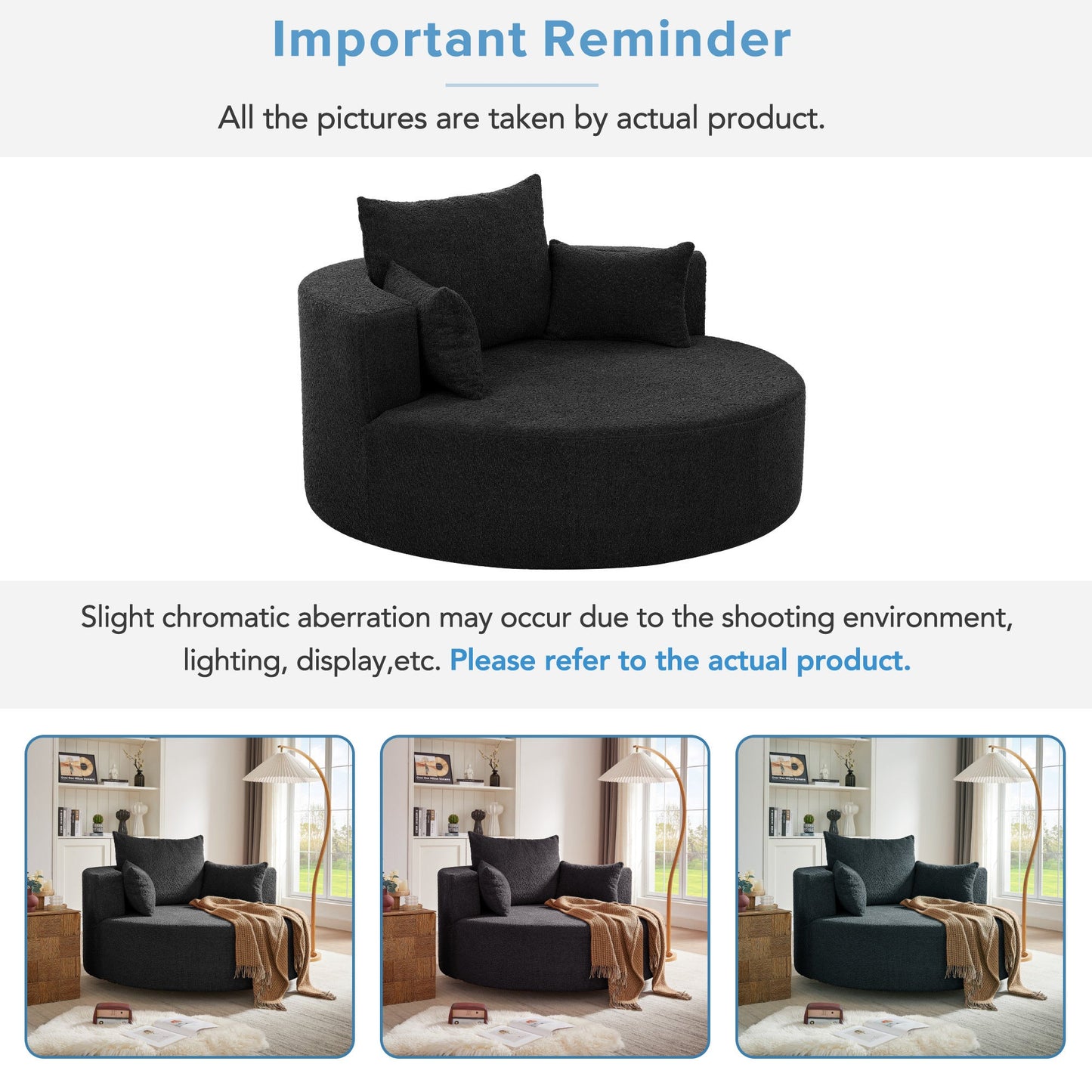360° Swivel Accent Barrel Chair With Removable Pillows, Black Chenille, 56.3x56.3x36.5 Inches