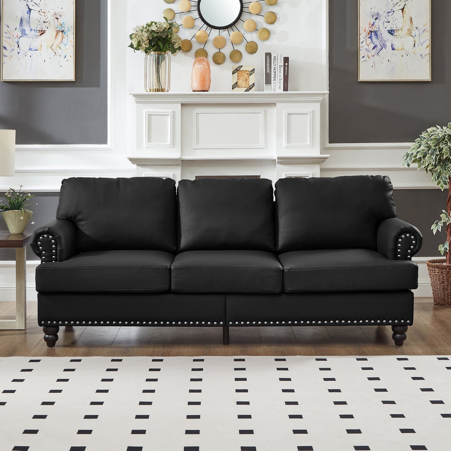 83' Modern Classic Design With Nails Living Room Sofa Leather Couch,Upholstered Imitation Cowhide Leather Black