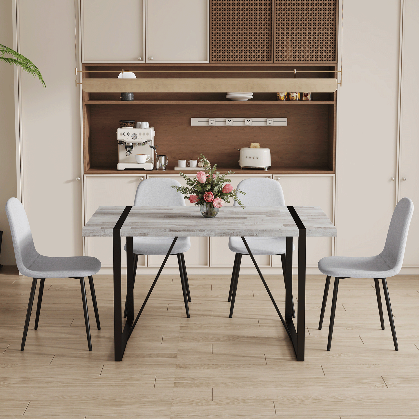 Table and Chair set.A Minimalist Retro Rectangular Dining Table With a Specially Textured Top and Black Metal legs.Paire