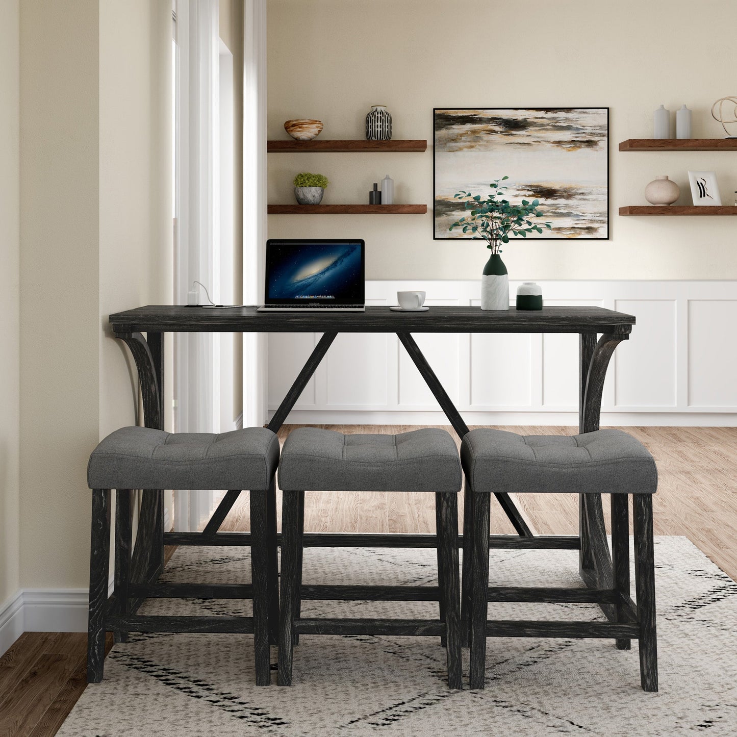 Bar Table Set With Power Outlet, Bar Table and Chairs Set, 4 Piece Dining Table Set, Industrial Breakfast Table Set, For