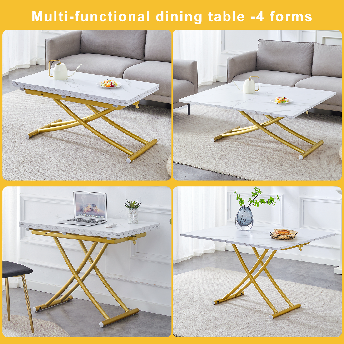 Table and Chair Set. Modern Multifunctional Lifting Platform, White Textured Sticker MDF Desktop, Gold Metal Legs. Paire