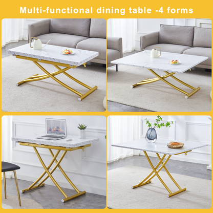 Table and Chair Set. Modern Multifunctional Lifting Platform, White Textured Sticker MDF Desktop, Gold Metal Legs. Paire