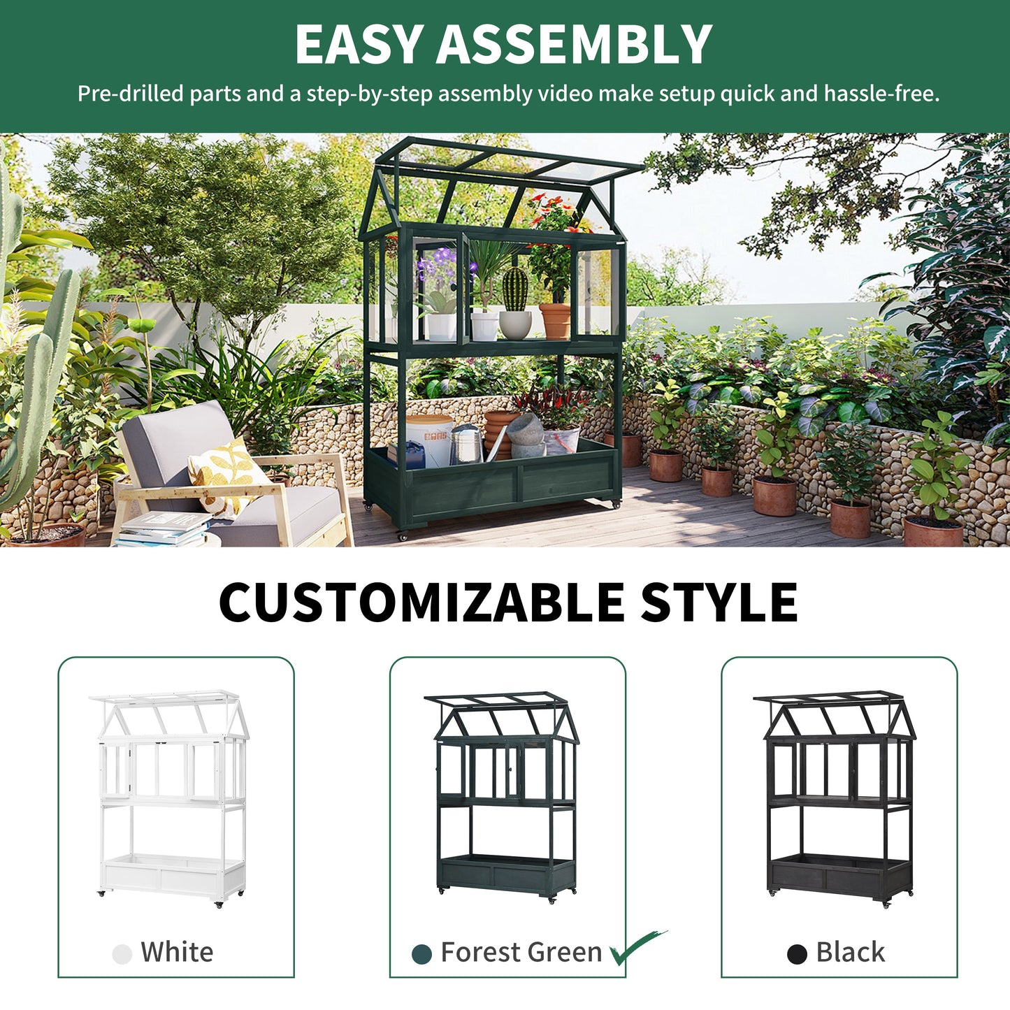 Garden Wood Portable Cold Frame With Movable Wheels Mini Greenhouse With Openable Roof and Storage Box, Forest Green