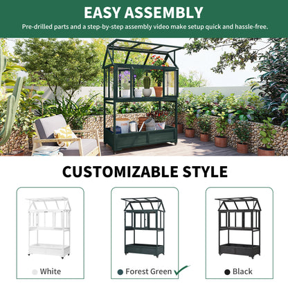 Garden Wood Portable Cold Frame With Movable Wheels Mini Greenhouse With Openable Roof and Storage Box, Forest Green