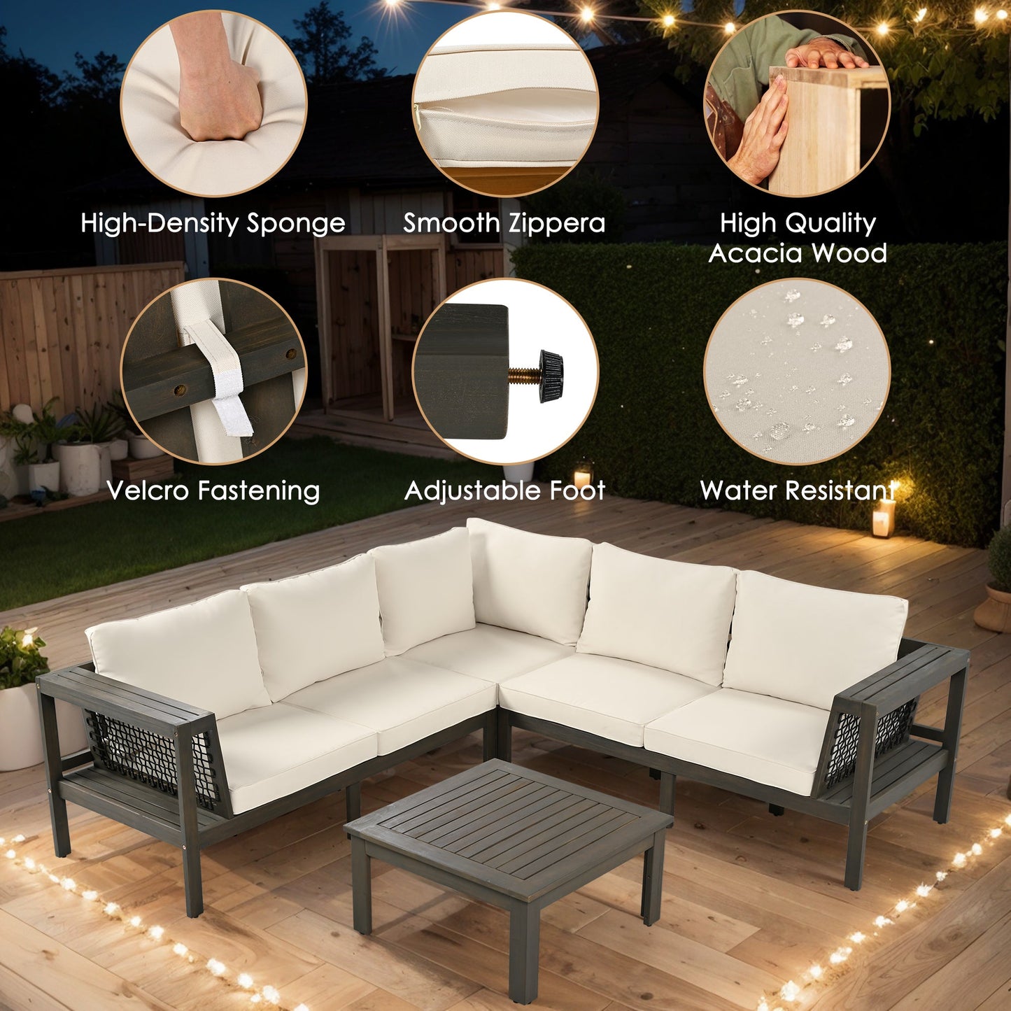 4 Pieces Outdoor Acacia Wood Sofa Set, Woven Mesh Armrests, L-Shaped Patio Furniture Sofa Set With Coffee Table, Outdoor