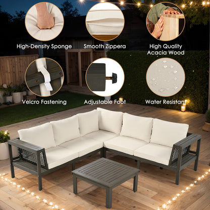 4 Pieces Outdoor Acacia Wood Sofa Set, Woven Mesh Armrests, L-Shaped Patio Furniture Sofa Set With Coffee Table, Outdoor