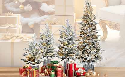 2FT Flocked Christmas Tree With Pot Base, 30 Warm White LED Lights, 189 Tips, PE+PVC Branches With 3 Pine Cones – Small