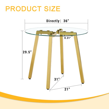 Modern Luxurious Round Tempered Glass Dining Table With Gold 7-Shaped Metal Legs,suitable for Family Meals, Office Confe