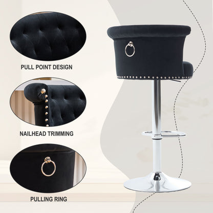 Velvet Bar Stool Set of 2, Adjustable Swivel Bar Stools With Silver Plated Metal Leg, Chrome Nailhead, Counter Height Ch