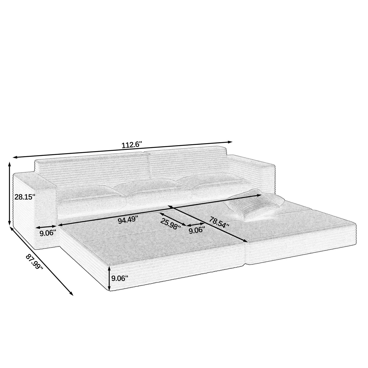 Right Sofa Seat,L Shape Modular Sectional Sofa, Compressed Sectional Sofa Modern Minimalist Style Corduroy Couch,Unfold