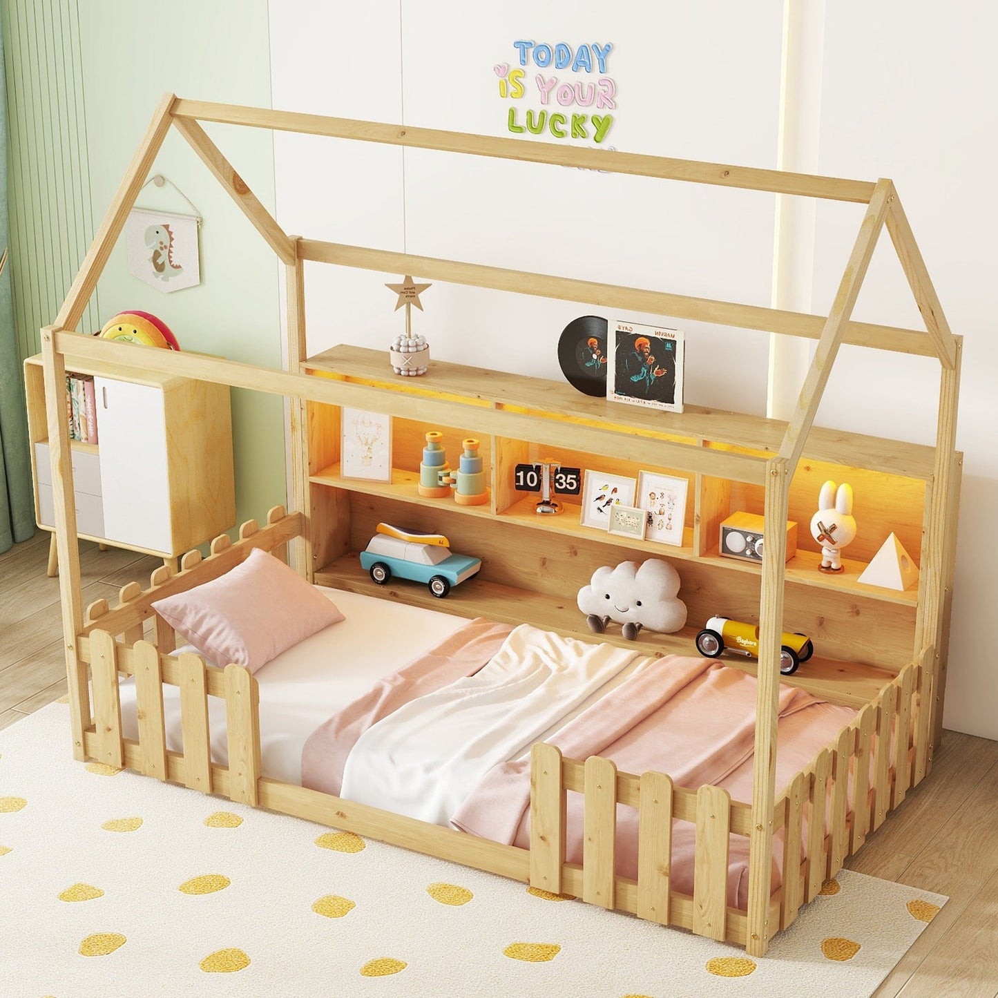 Twin Size House Bed With LED Light, Wood House Bed With Storage Bookshelf, Floor House Bed With Guardrails for Kids, Nat