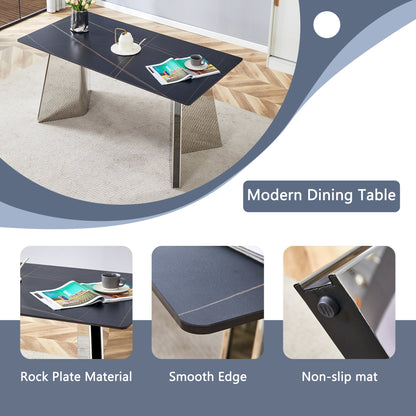 Table and Chair Set.63'x31.5x30' Black Marble-Patterned Slabs Tabletop With Stainless Steel Butterfly Legs.Paried With 6