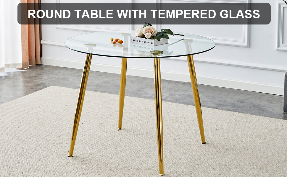 A Glass Tabletop With a Diameter of 40 Inches and a Modern Minimalist Circular Dining Table With Gold Plated Metal Legs.