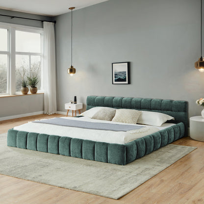 California King Size Upholstered Bed Frame With Thick Fabric, Chenille Fabric Grounded Queen Size Platform Bed With Head