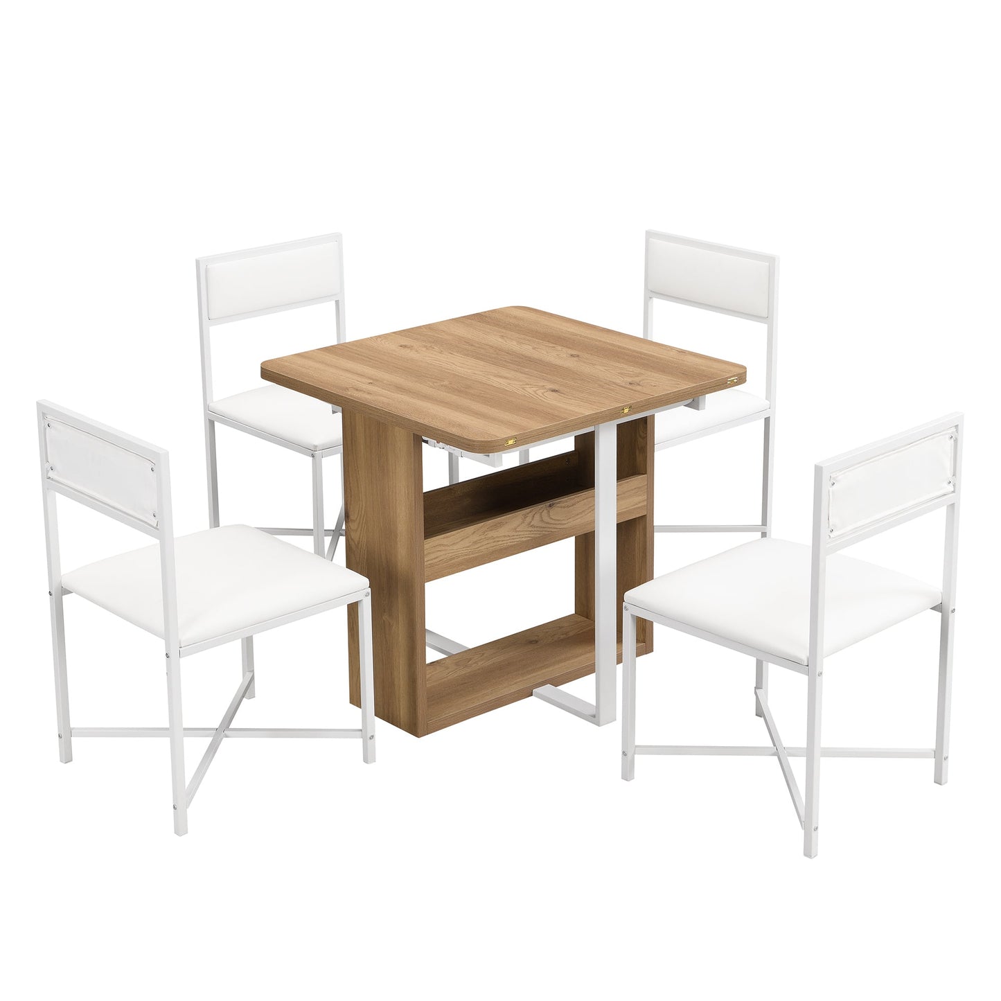 Modern Compact 63inch 5-Piece Extendable Dining Table Set, Foldable Square Kitchen Table Set With Storage Rack and 4 PU