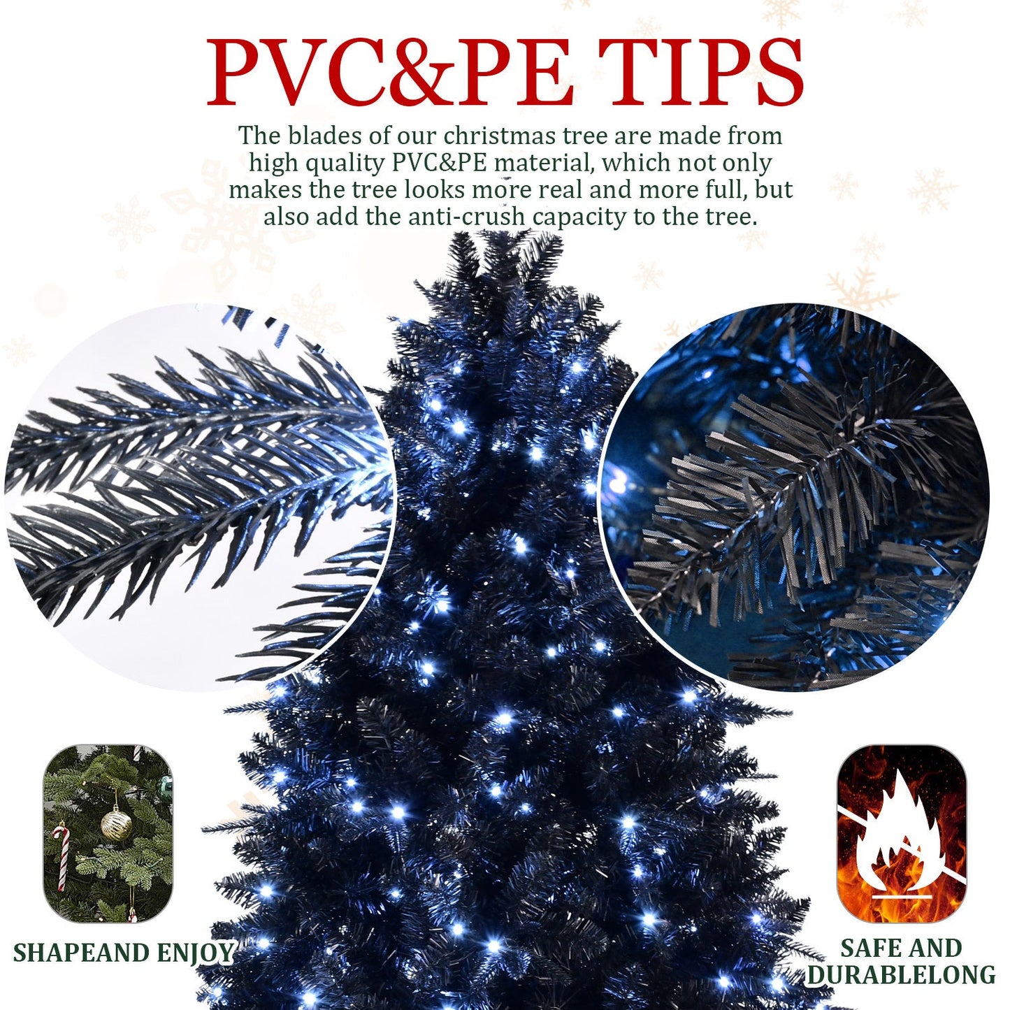 7ft Black Christmas Tree With 450 White LED Lights, 1916 Tips PE+PVC Artificial Tree for Halloween & Holiday Decor, Hing