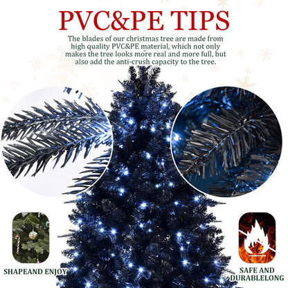 7ft Black Christmas Tree With 450 White LED Lights, 1916 Tips PE+PVC Artificial Tree for Halloween & Holiday Decor, Hing