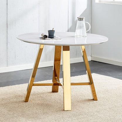 Modern Minimalist White Patterned Circular Dining Table and Coffee Table. MDF Desktop, Diameter 42 Inches, Stainless Ste