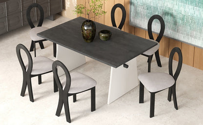 Modern 7-Piece Dining Table Set With Trestle Dining Table and 6 Upholstered Dining Chairs, Compact Kitchen Table Set For