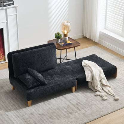 Mid-Century Modern Foldable Sofa Bed Recliner, 3-In-1 Convertible Sleeper With Three Pillows, Black Chenille for Small S