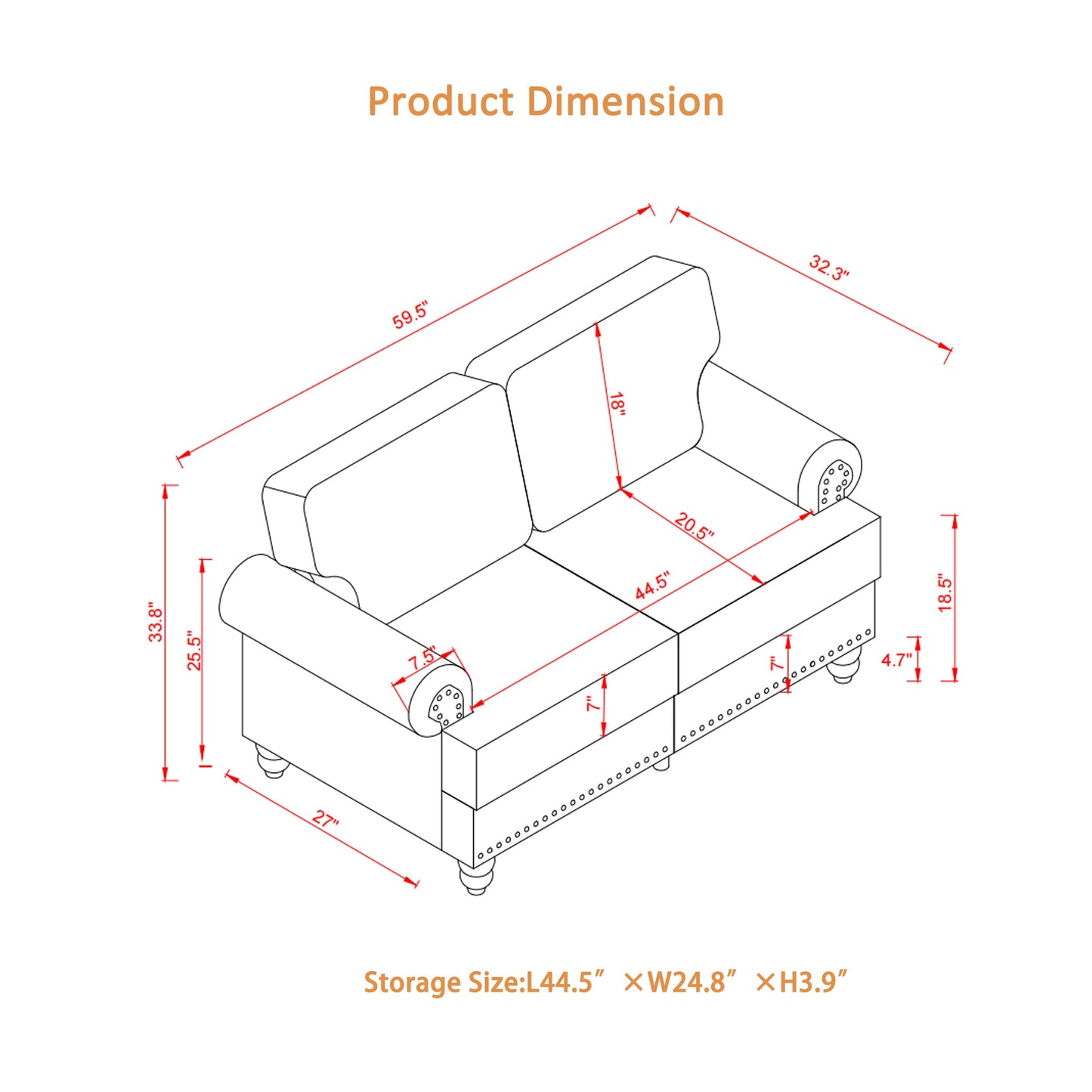 59.5' Modern Classic Design With Nails Living Room Loveseat Leather Couch,Upholstered Imitation Cowhide Leather Black