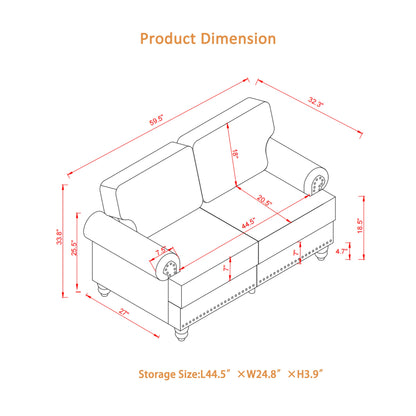 59.5' Modern Classic Design With Nails Living Room Loveseat Leather Couch,Upholstered Imitation Cowhide Leather Black