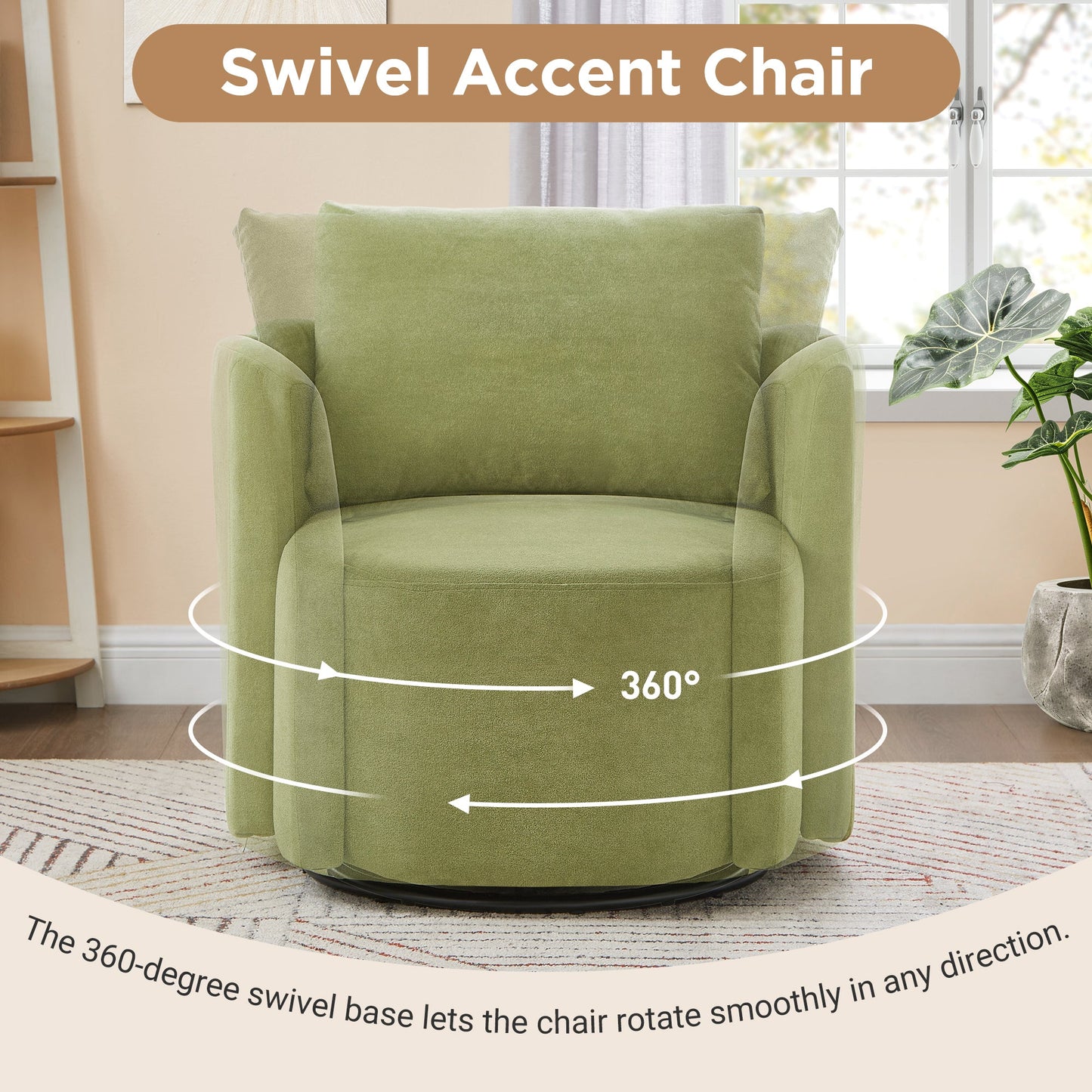 360° Swivel Chair, 29.9' Accent Barrel Armchair, Upholstered With Curved Design, Green Chenille, for Living Room and Off