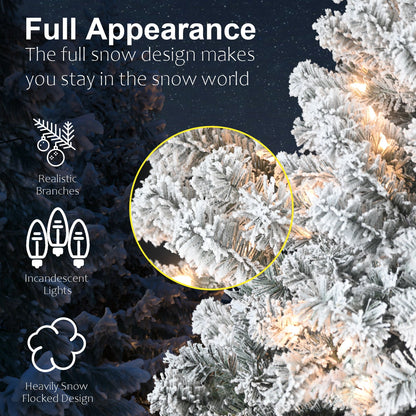 7FT Flocked Christmas Tree With 350 Warm White Incandescent Lights – Snowy Artificial Holiday Tree With 1022 Tips and St